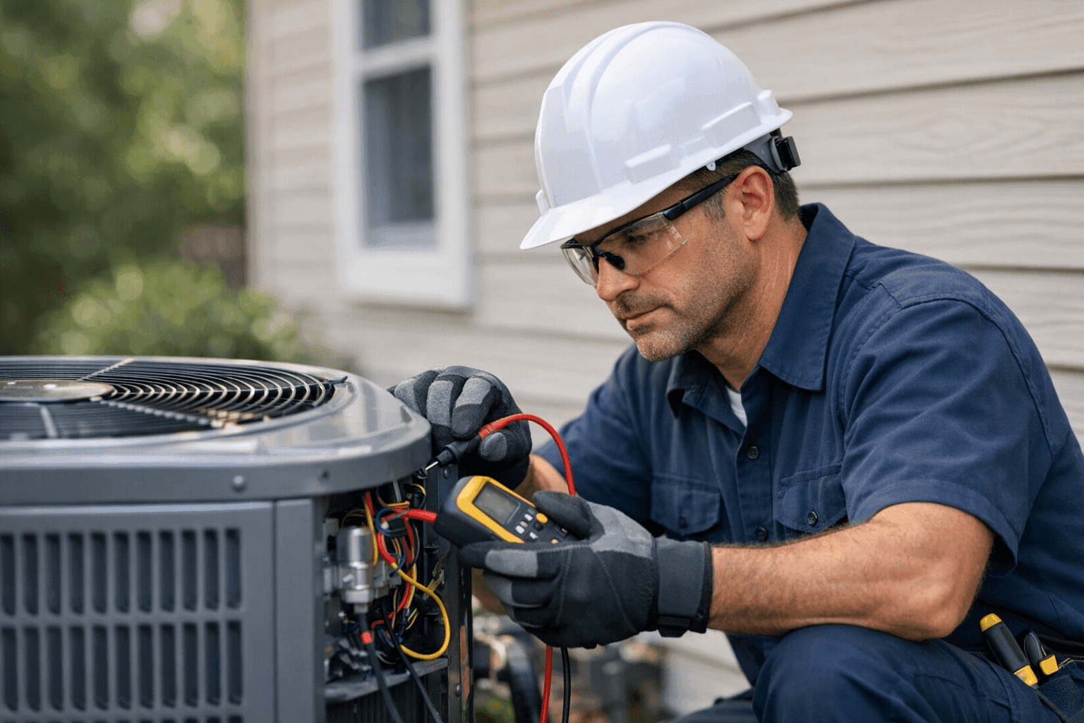 Technician checking a home's non-working air conditioner unit outdoors
