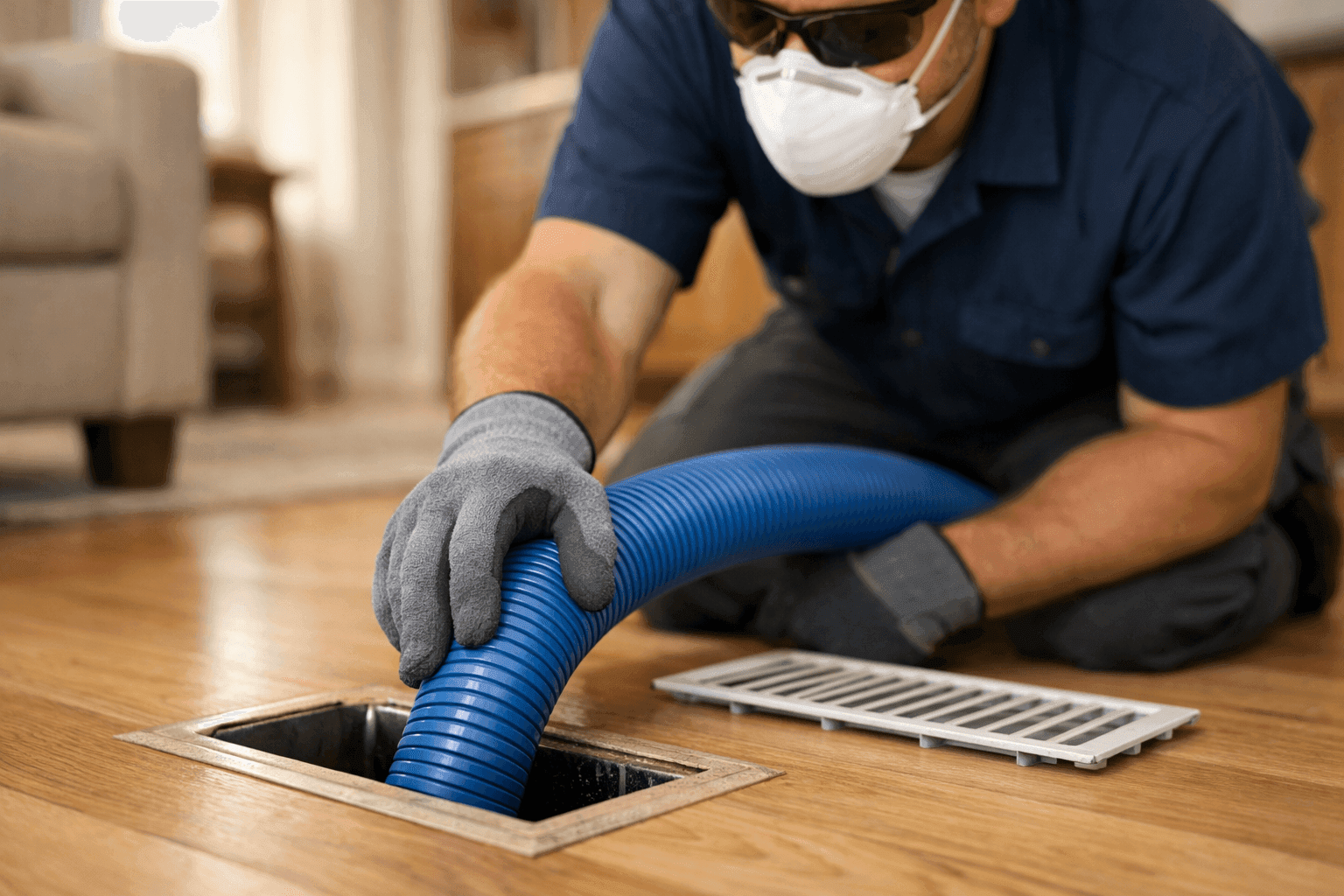 Technician using a hose to clean residential air ducts